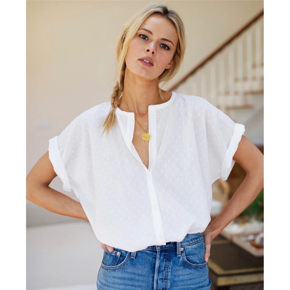 Emerson Fry India Collection White Swiss Dot Button Up Blouse OS Beachy Boho